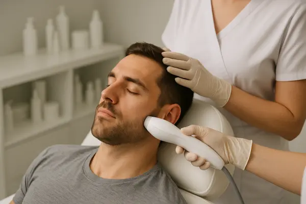 Male client receiving laser hair removal treatment