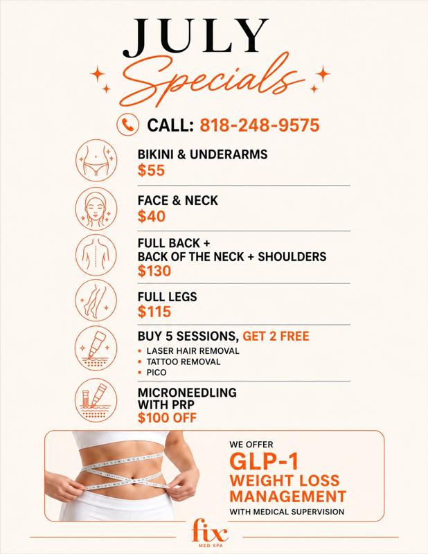 July Laser, PRP + GLP-1 Specials promotion at Fix Med Spa